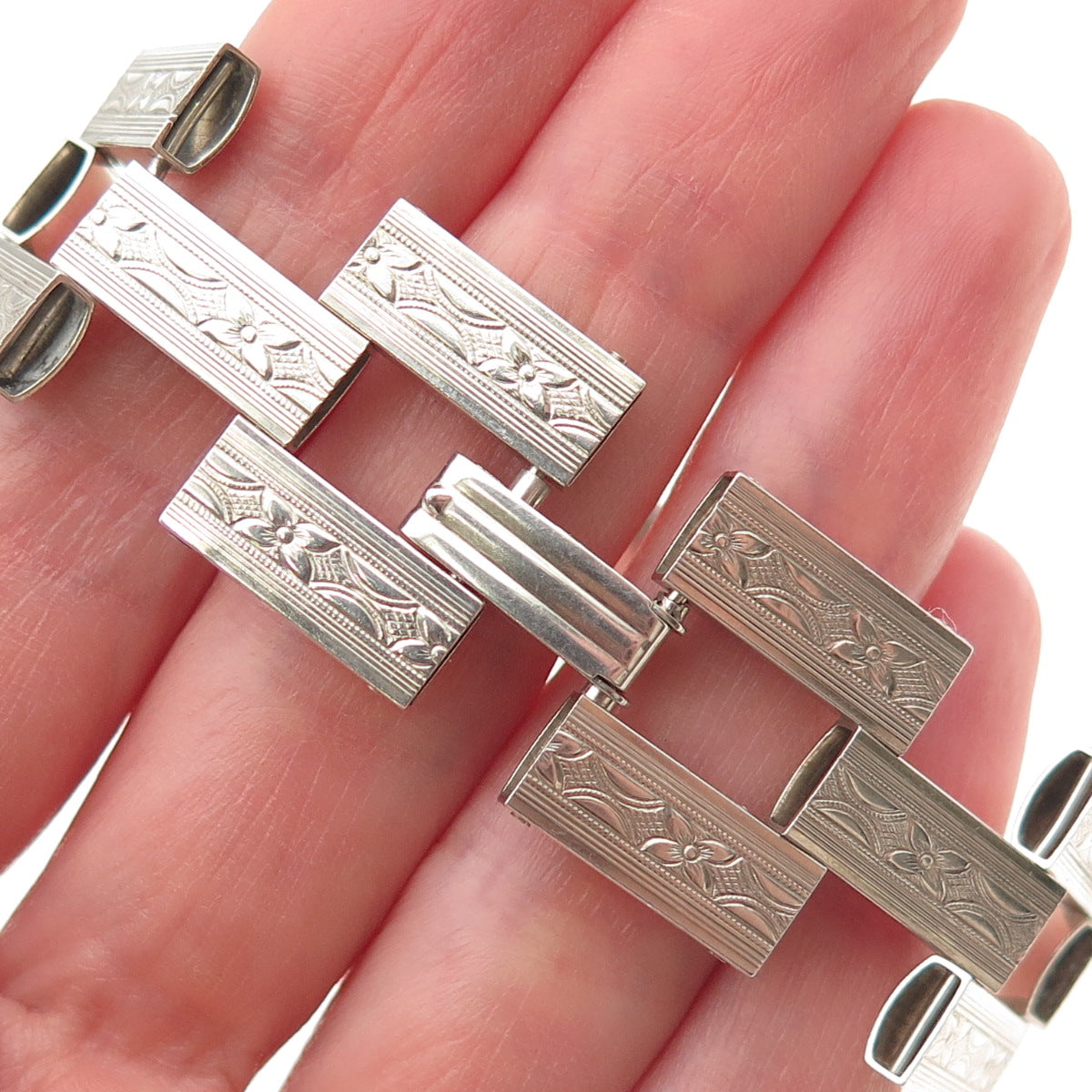 925 Sterling Silver Antique Art Deco Engraved Floral Panel Link Bracelet 6"