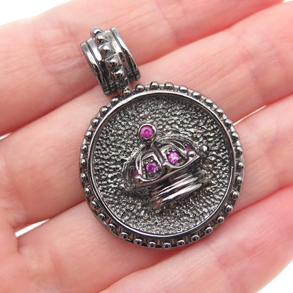 JOLUSA 925 Sterling Silver Black Rhodium Real Pink Sapphire Crown Pendant