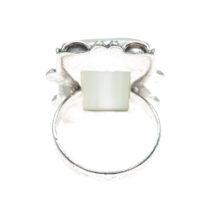 925 Sterling Silver Vintage Real White Agate Gem Oxidized Ring Size 7.75