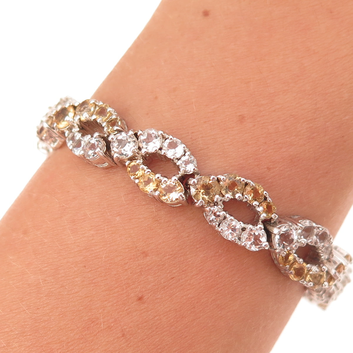 925 Sterling Silver Real Round-Cut Citrine & White Topaz Infinity Bracelet 7"