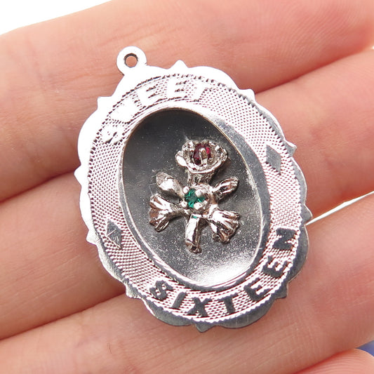 925 Sterling Silver Vintage Multi-Color Rhinestone Sweet 16 Charm Pendant
