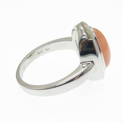 925 Sterling Silver Real Mother-of-Pearl & Peach Jade Gemstone Ring Size 11