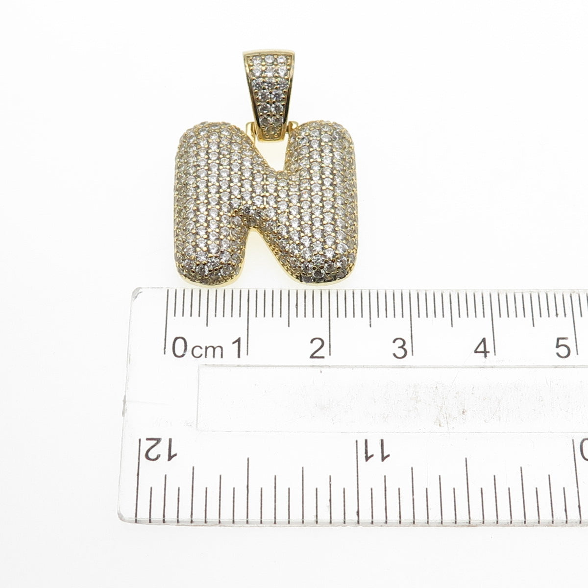 925 Sterling Silver Gold Plated Round-Cut C Z Letter N Initial Pendant
