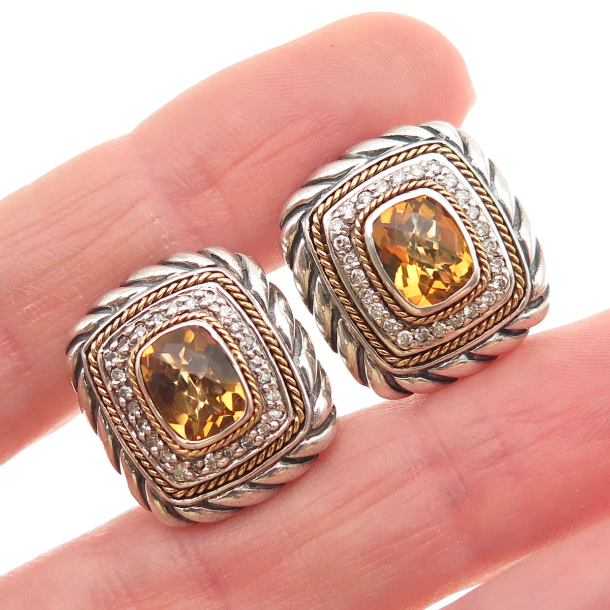 EFFY Sterling Silver 18K Gold Vintage Real Diamond & Citrine Omega Back Earrings