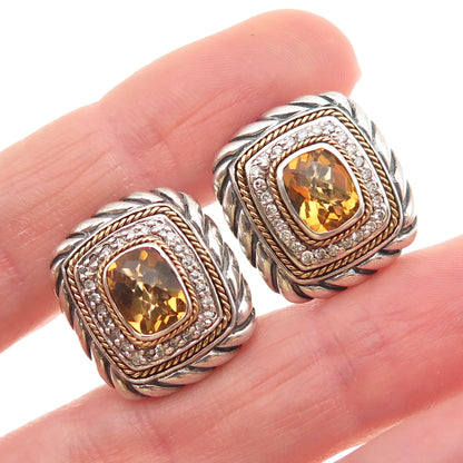EFFY Sterling Silver 18K Gold Vintage Real Diamond & Citrine Omega Back Earrings