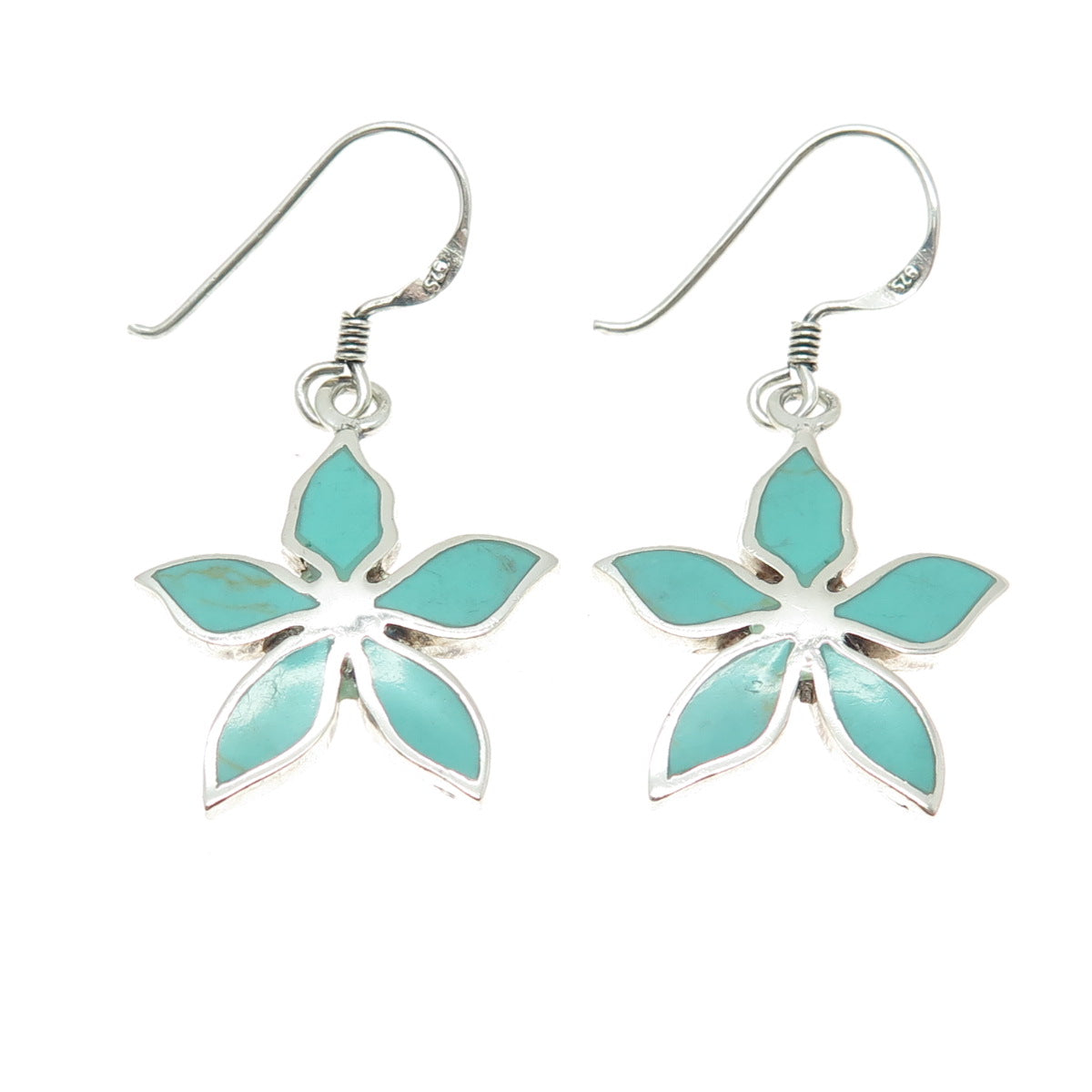 925 Sterling Silver Vintage Real Turquoise Flower Dangle Earrings