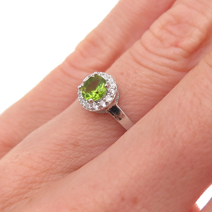 925 Sterling Silver Real Round-Cut Peridot & C Z Ring Size 5.25