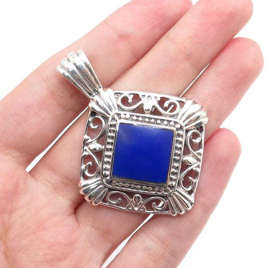 925 Sterling Silver Vintage Mexico Real Lapis Ornate Oxidized Charm Pendant