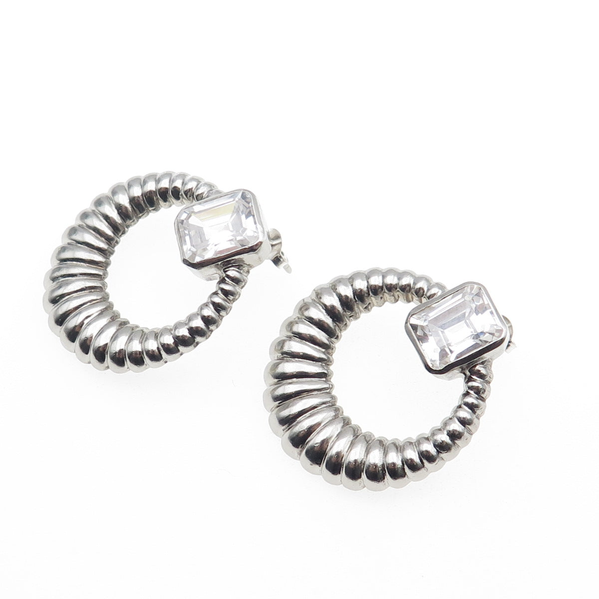 925 Sterling Silver Vintage Emerald-Cut C Z Door Knocker Oxidized Earrings