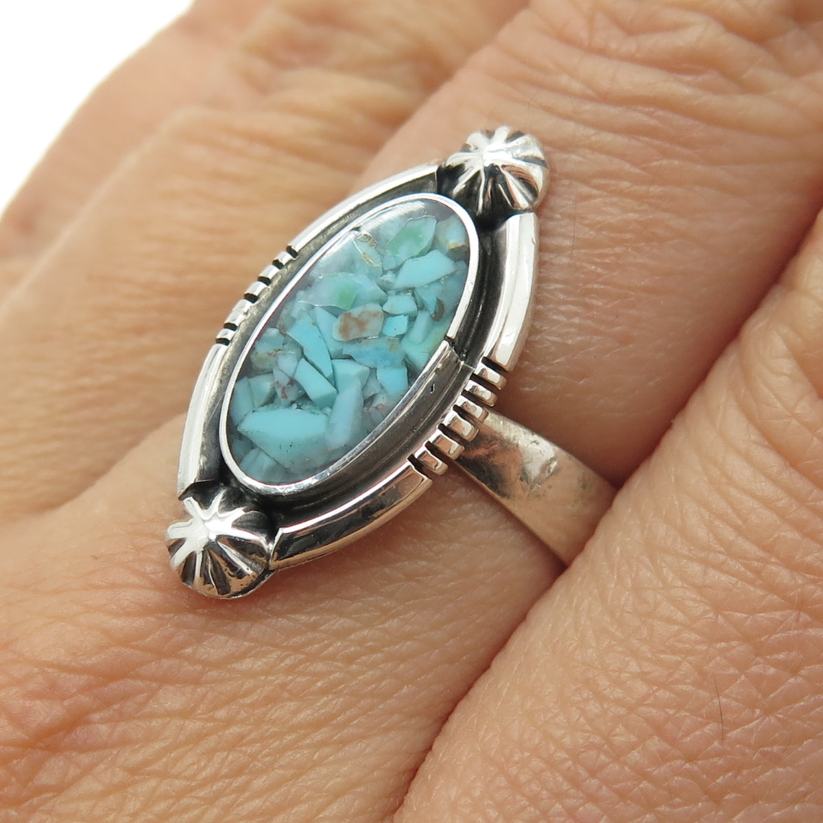 RICHARD BEGAY NAVAJO Old Pawn Sterling Turquoise Inlay Adjustable Ring Size 7.5