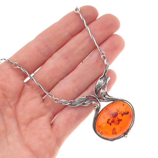 925 Sterling Silver Vintage Real Amber Modernist Floral Chain Necklace 18"