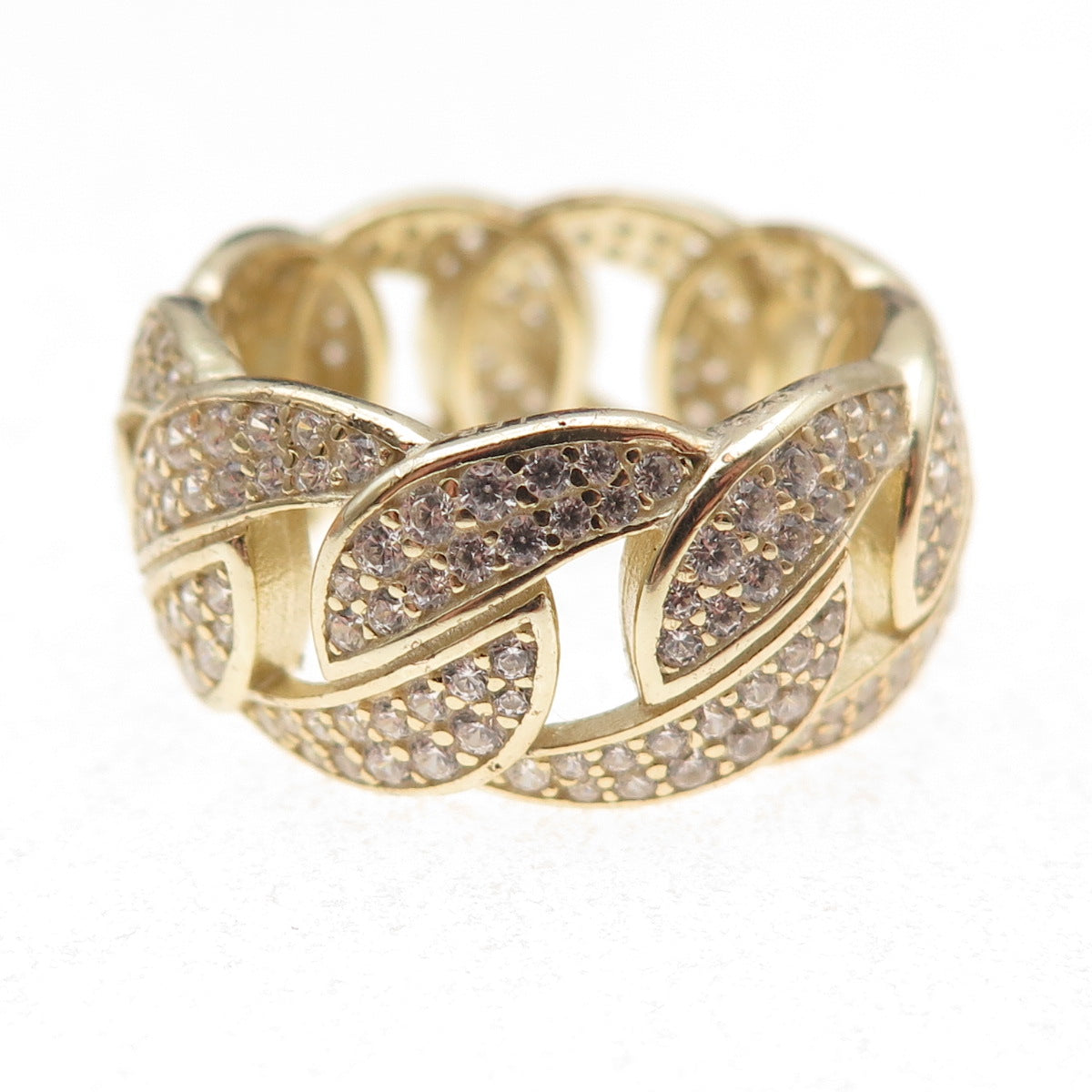 925 Sterling Silver Gold Plated Round-Cut C Z Cuban Link Band Ring Size 9.25