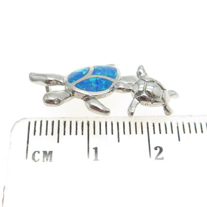 925 Sterling Silver Real Doublet Opal Gem Inlay Couple of Turtles Slide Pendant