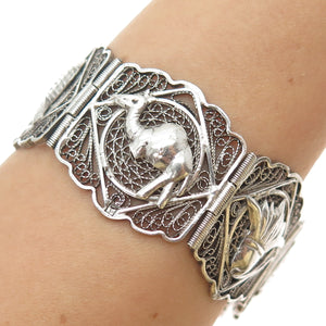800 Silver Vintage Egyptian Symbols Filigree Oxidized Panel Link Bracelet 7.5"