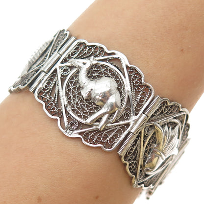 800 Silver Vintage Egyptian Symbols Filigree Oxidized Panel Link Bracelet 7.5"