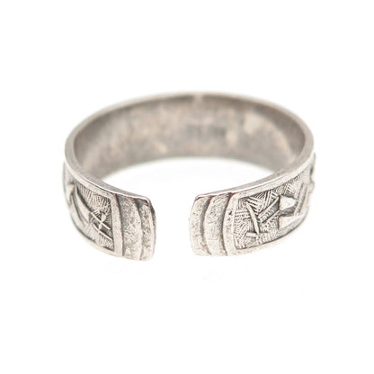 925 Sterling Silver Vintage Japanese Scroll Adjustable Cuff Ring Size 8.75