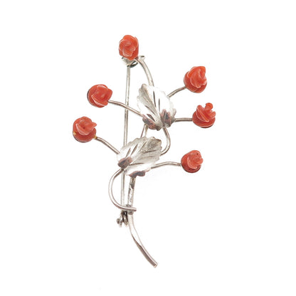 800 Silver Antique Art Deco Real Coral Rose Floral Oxidized Pin Brooch