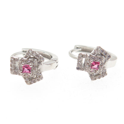 925 Sterling Silver Pink Princess-Cut & White Round-Cut Shaped C Z Hoop Earrings