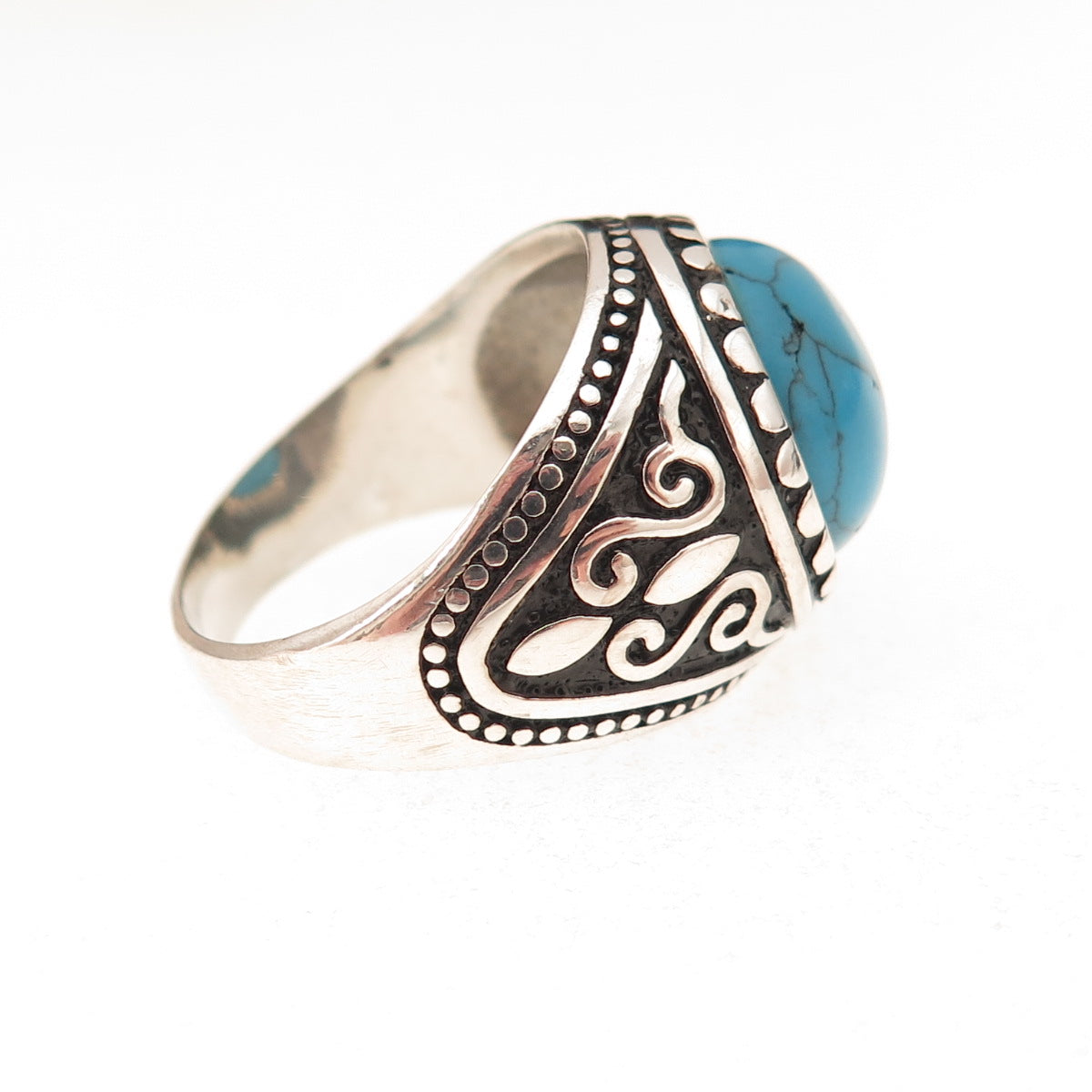 925 Sterling Silver Vintage Real Turquoise Oxidized Ring Size 9.25