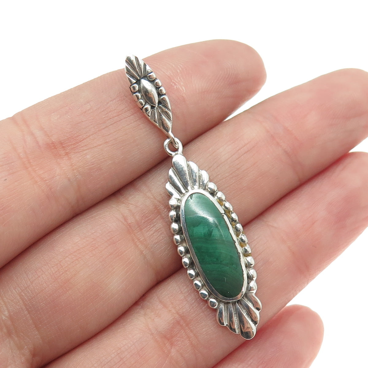 925 Sterling Silver Vintage Southwestern Real Malachite Concho Dangle Pendant