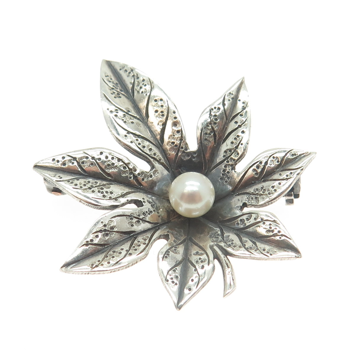 925 Sterling Silver Vintage Real Pearl Floral Pin Brooch