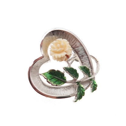Beau 925 Sterling Silver Vintage Enamel Rose Heart Pin Brooch