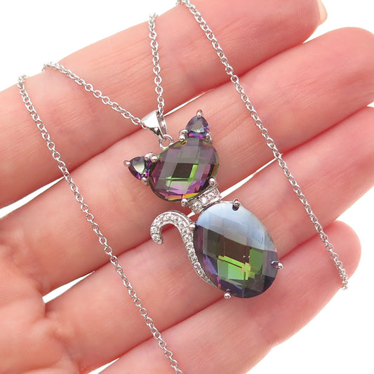 925 Sterling Silver Real Mystic Quartz & C Z Cat Cable Chain Necklace 18"