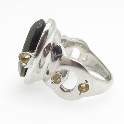925 Sterling Silver Real Oval-Cut Smoky Quartz & Citrine Ring Size 7