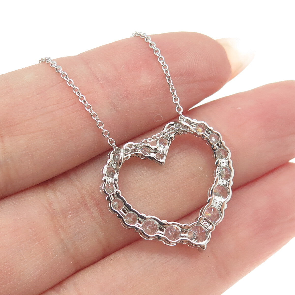 925 Sterling Silver Round-Cut Shaped C Z Open Heart Cable Chain Necklace 16"