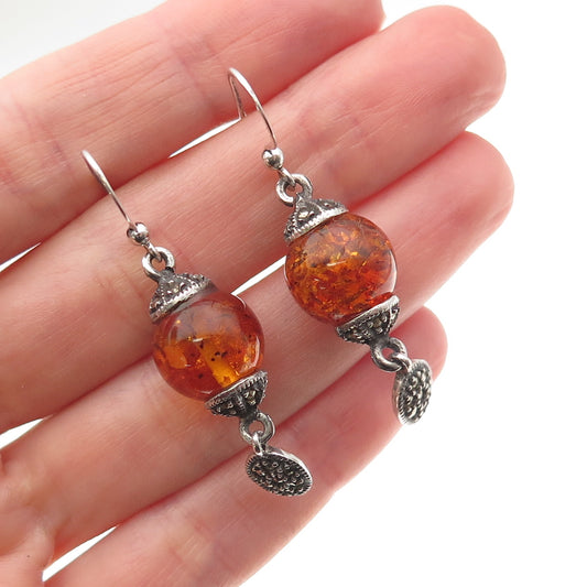 925 Sterling Silver Vintage Real Amber & Marcasite Oxidized Dangle Earrings