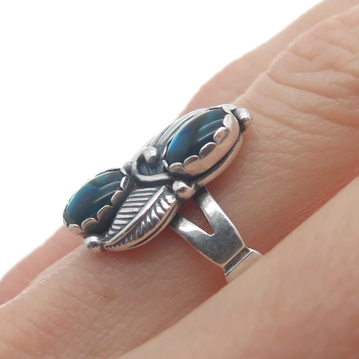 WHEELER MFG CO 925 Sterling Silver Vintage Abalone Shell Feather Ring Size 9.75
