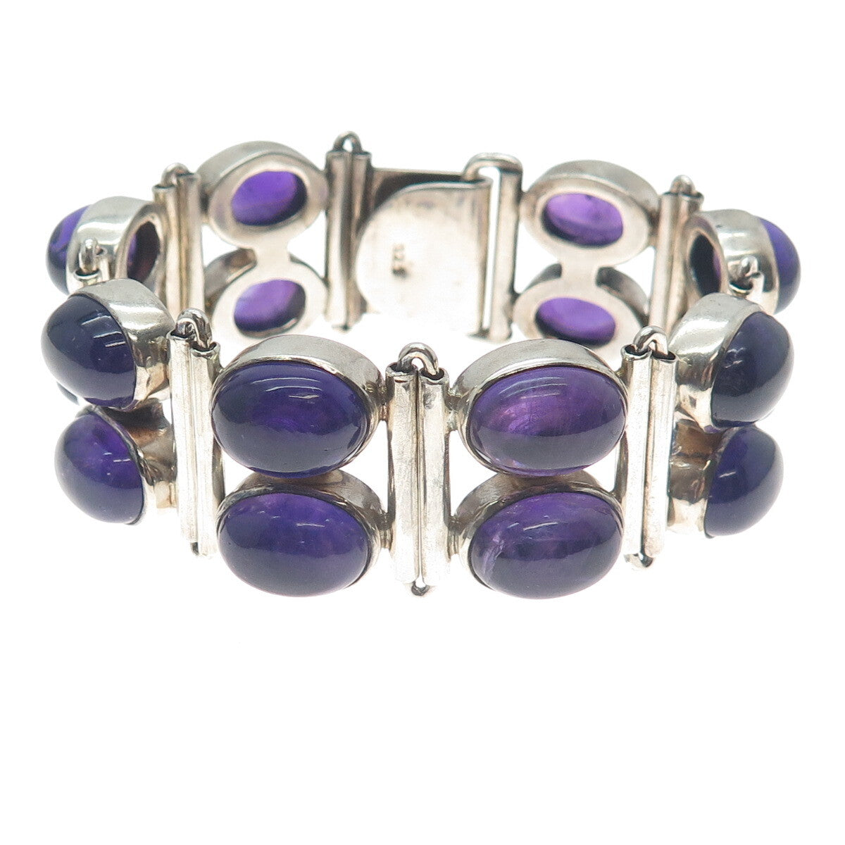 925 Sterling Silver Vintage Real Amethyst Cluster Link Solid 84.3g Bracelet 7"