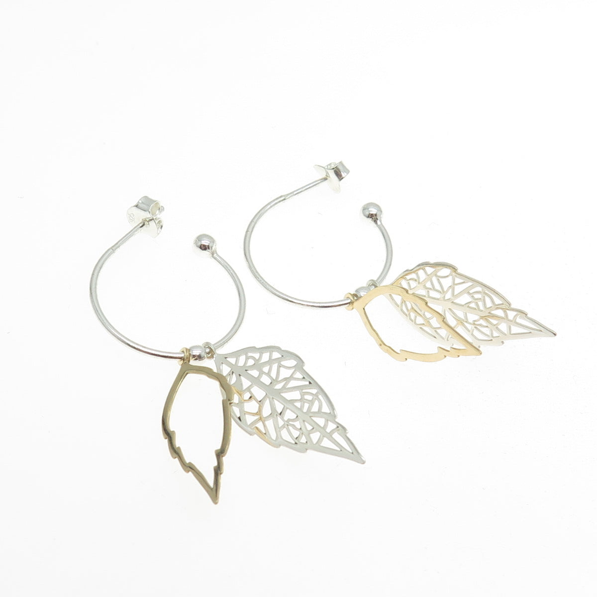 925 Sterling Silver 2-Tone Floral Leaf Dangle Charm Hoop Earrings