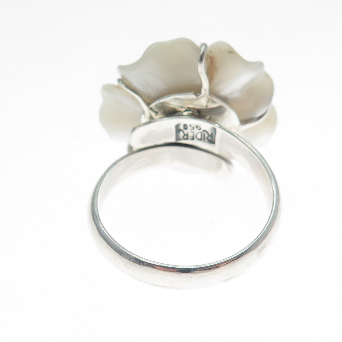 RIDER 950 Silver Vintage Real Carved MOP Flower Adjustable Ring Size 8.75
