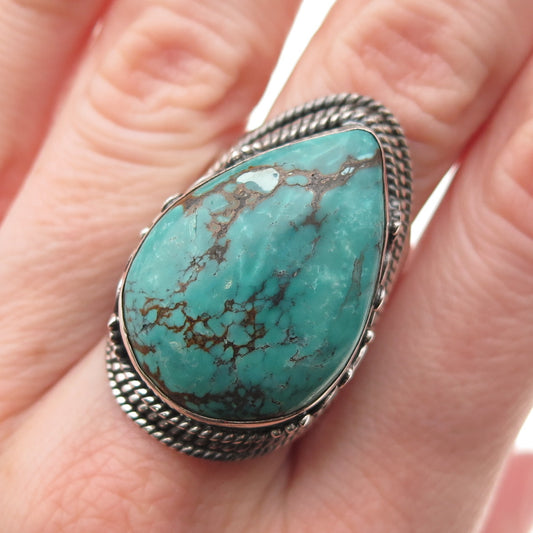 925 Sterling Silver Vintage Real Kingman Turquoise Ornate Oxidized Ring Size 9.5