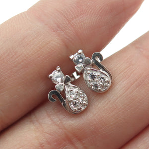 925 Sterling Silver Round-Cut Shaped C Z Cat / Kitty Stud Earrings