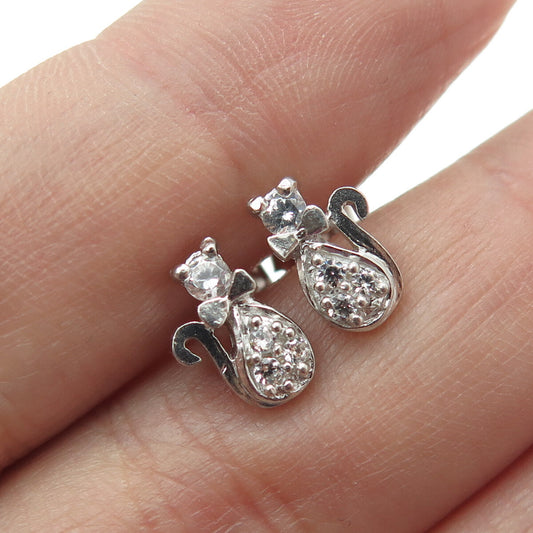 925 Sterling Silver Round-Cut Shaped C Z Cat / Kitty Stud Earrings