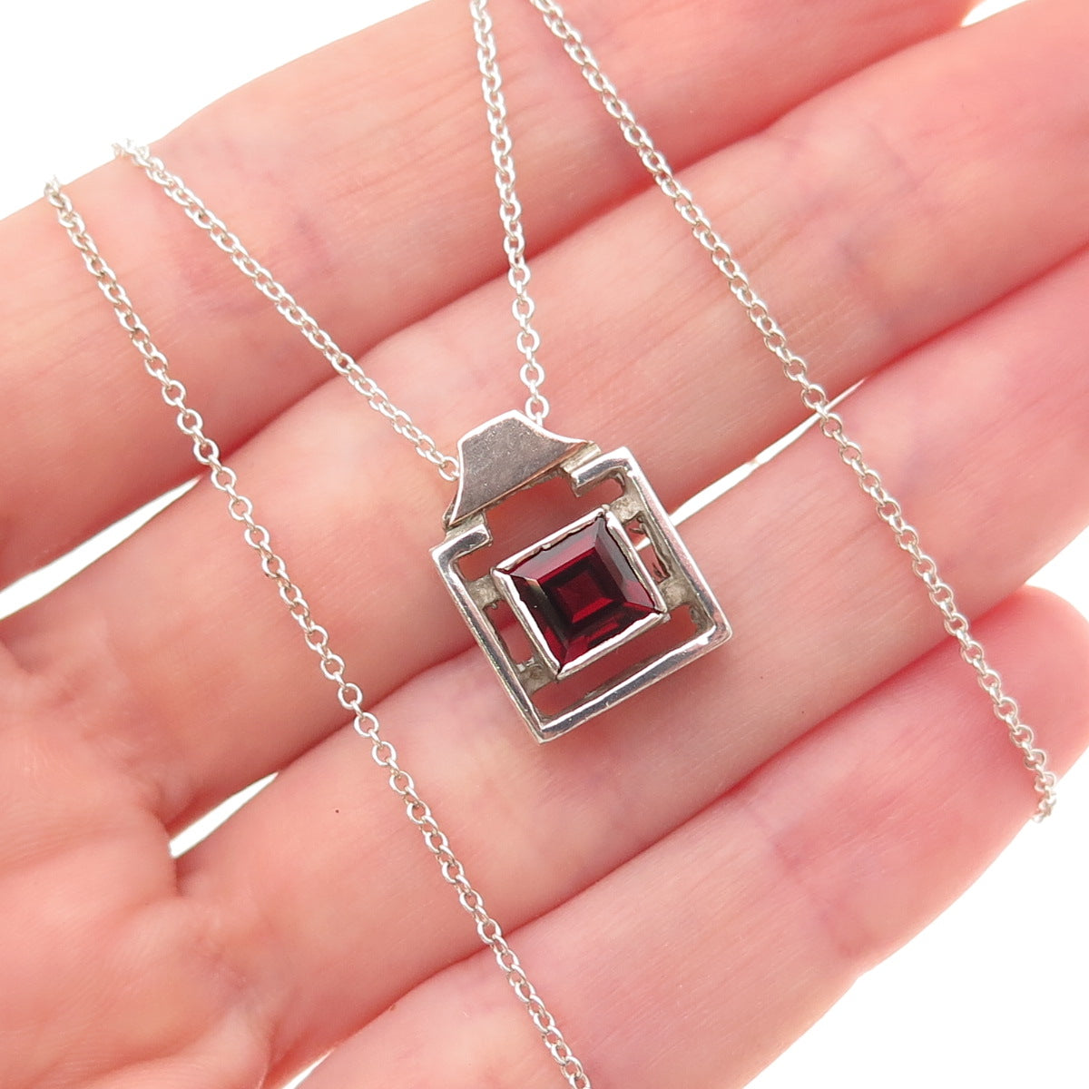 925 Sterling Silver Rose Gold Accent Vintage Real Red Garnet Chain Necklace 18"