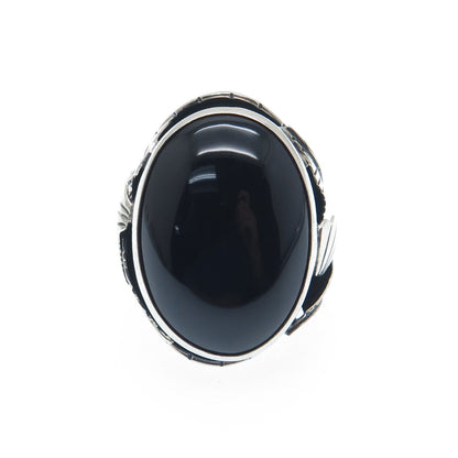 925 Sterling Silver Vintage Mexico Black Onyx Feather Adjustable Ring Size 11.25