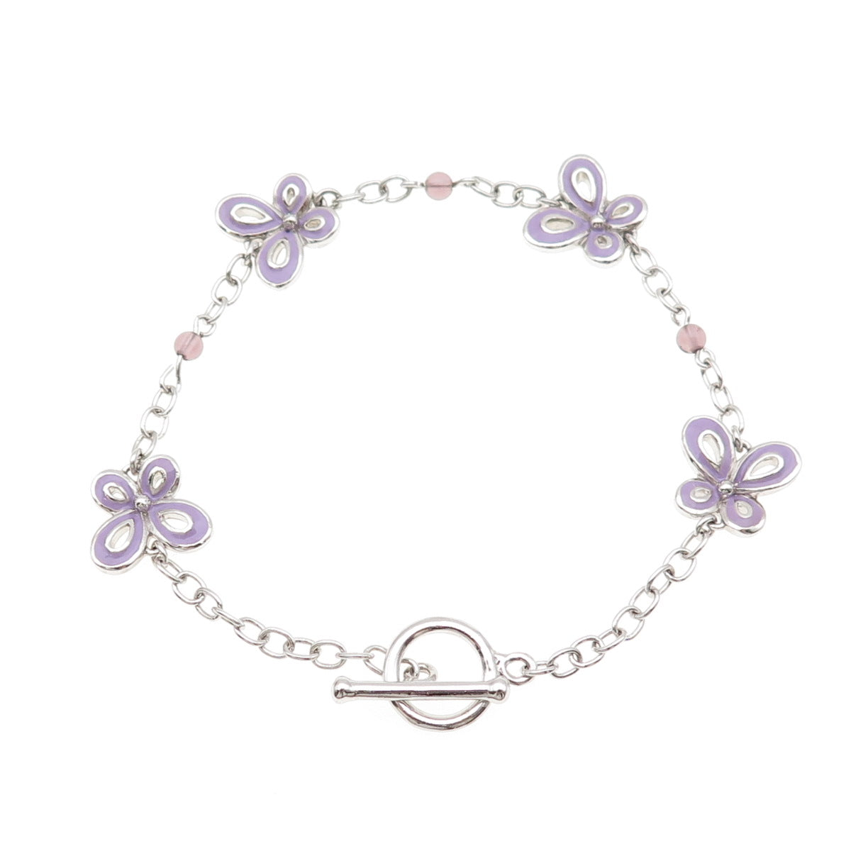 925 Sterling Silver Enamel Real Amethyst Butterfly Bracelet 7"