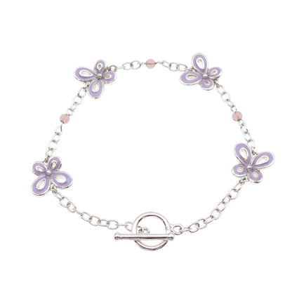 925 Sterling Silver Enamel Real Amethyst Butterfly Bracelet 7"