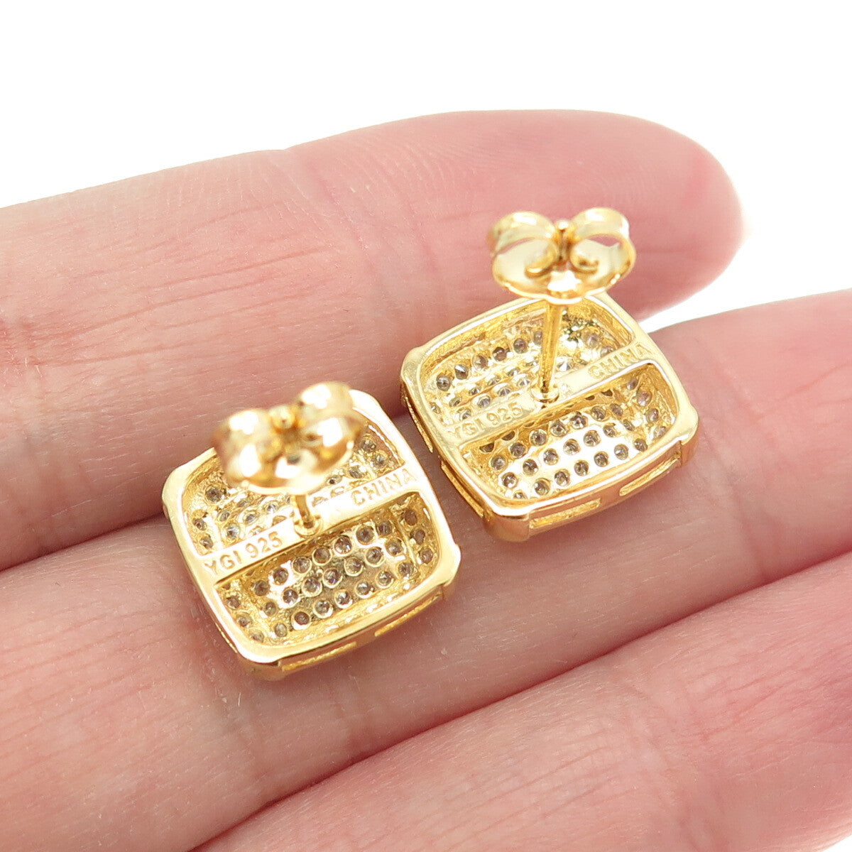 925 Sterling Silver Gold Plated Pave C Z Stud Earrings