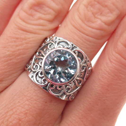925 Sterling Silver Vintage Real Blue Topaz Floral Scroll Oxidized Ring Size 7