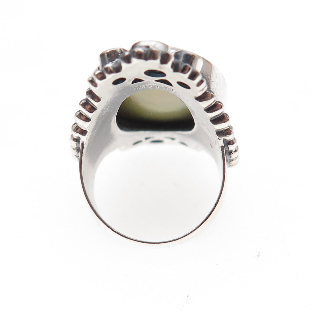 925 Sterling Silver Vintage Real Abalone Shell & Blue Topaz Oxidized Ring Size 7