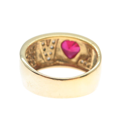 925 Sterling Silver Gold Plated Real Heart-Cut Ruby & C Z Love Ring Size 9.25