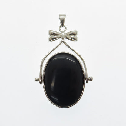 925 Sterling Silver Vintage Mother-of-Pearl & Black Onyx Gem Reversible Pendant