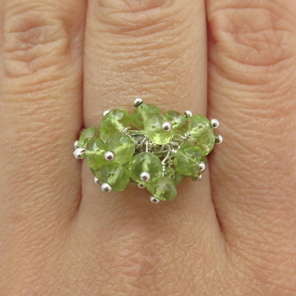 925 Sterling Silver Vintage Real Peridot Bead Charm Ring Size 9.25