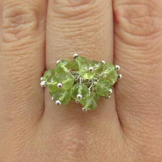 925 Sterling Silver Vintage Real Peridot Bead Charm Ring Size 9.25