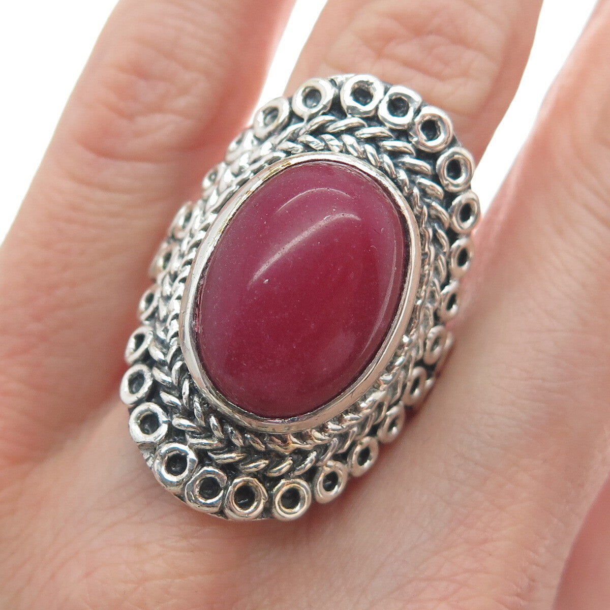 925 Sterling Silver Vintage Real Rhodonite Circle Link Oxidized Ring Size 8.75