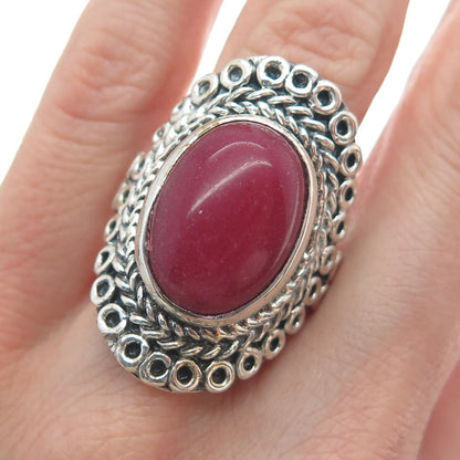 925 Sterling Silver Vintage Real Rhodonite Circle Link Oxidized Ring Size 8.75